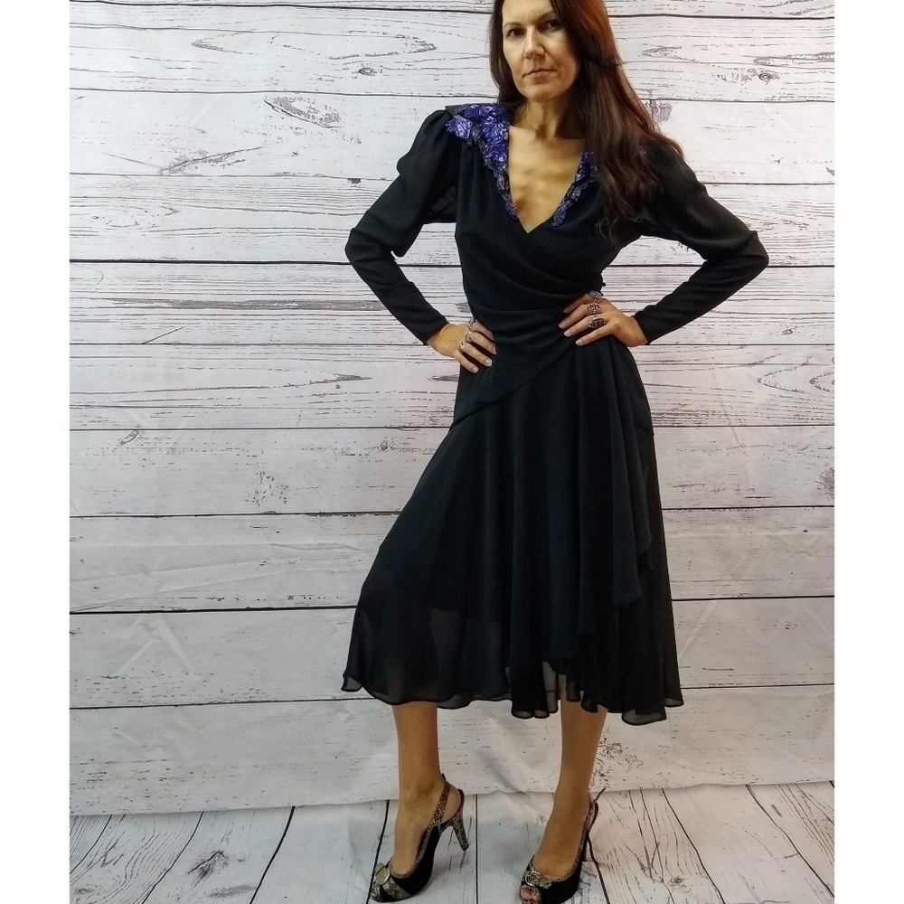 80s beaded shoulder chiffon open back wrap dress